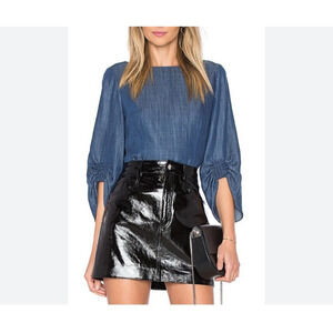 Tibi Revolve Blue Denim Wash Drape Corset Top Size 2 Ruched Sleeves Back Zip